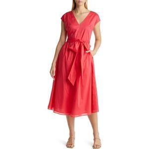 Boden Solid Red Belted Tie Waist V-Neck Midi Dress Size 4R NWOT